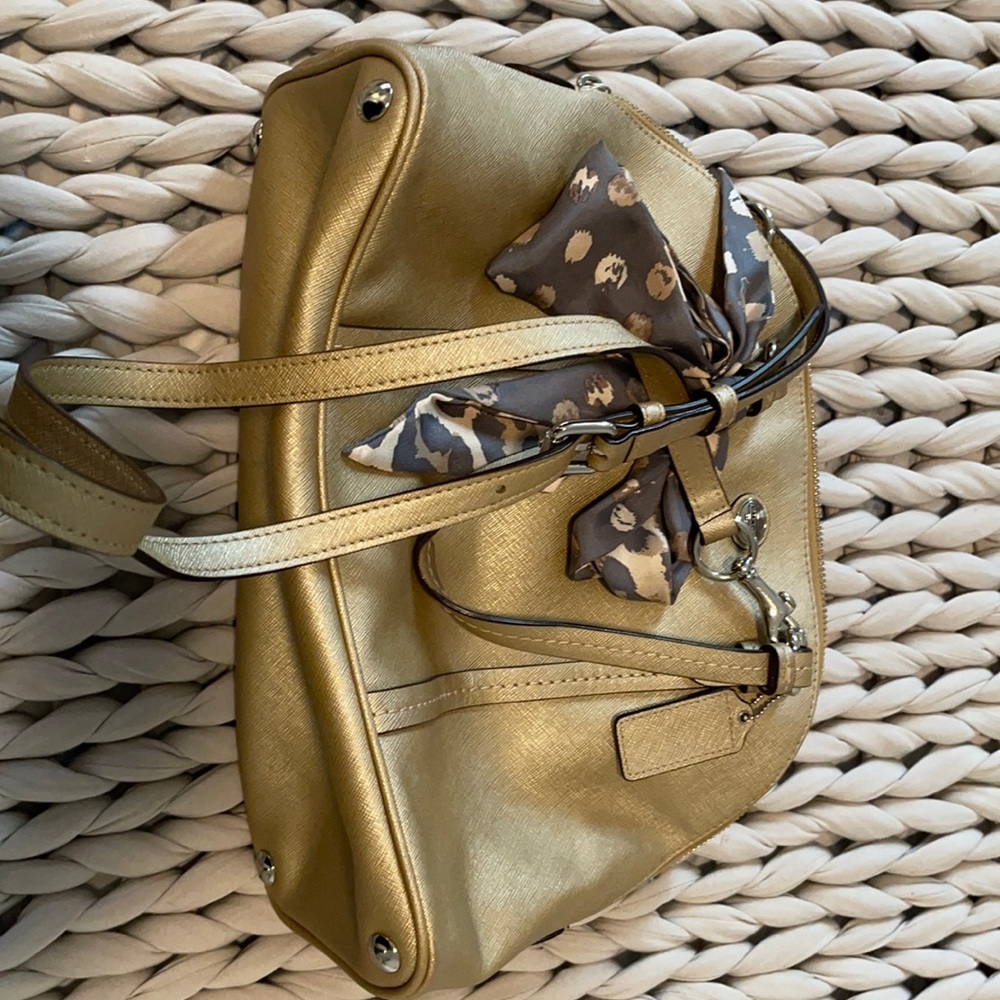 Coach outlet satchel in gold with matching scarf.